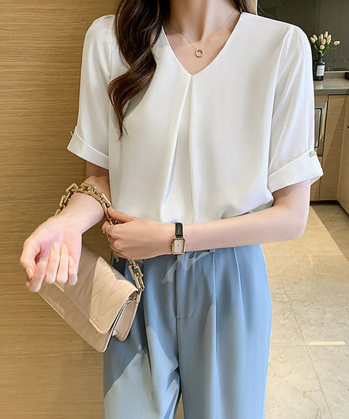 半袖シャツブラウスレディースVネック夏服 タックブラウスきれいめ オフィスブラウス 上品 大人フェミニントップス ベーシックシャツ 薄手サテン風プルオーバーシャツ 90SHANGJ-002