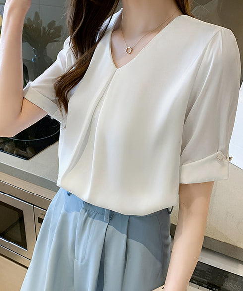 半袖シャツブラウスレディースVネック夏服 タックブラウスきれいめ オフィスブラウス 上品 大人フェミニントップス ベーシックシャツ 薄手サテン風プルオーバーシャツ 90SHANGJ-002