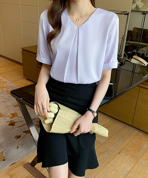 半袖シャツブラウスレディースVネック夏服 タックブラウスきれいめ オフィスブラウス 上品 大人フェミニントップス ベーシックシャツ 薄手サテン風プルオーバーシャツ 90SHANGJ-002