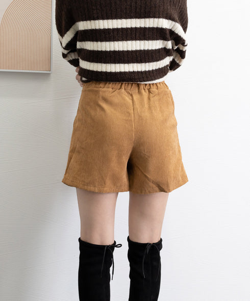 コーデュロイショートパンツ ハイウエスト プリーツ キュロットパンツ レディース Aライン ワイドパンツ 体型カバー タック短パン 韓国風 秋冬ボトムス 美脚脚長 90SUYU-001