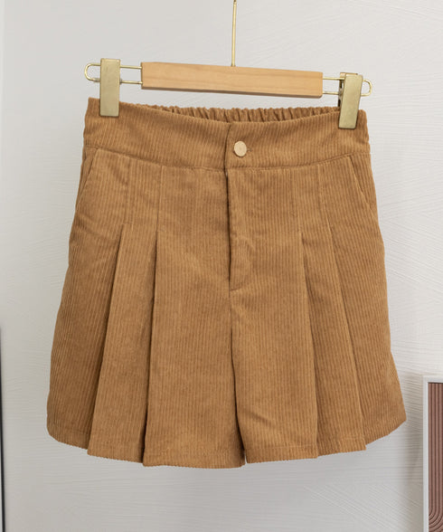 コーデュロイショートパンツ ハイウエスト プリーツ キュロットパンツ レディース Aライン ワイドパンツ 体型カバー タック短パン 韓国風 秋冬ボトムス 美脚脚長 90SUYU-001