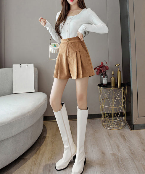 コーデュロイショートパンツ ハイウエスト プリーツ キュロットパンツ レディース Aライン ワイドパンツ 体型カバー タック短パン 韓国風 秋冬ボトムス 美脚脚長 90SUYU-001
