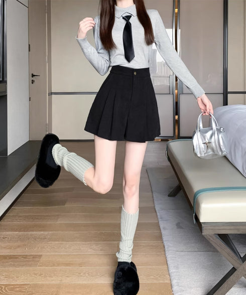 コーデュロイショートパンツ ハイウエスト プリーツ キュロットパンツ レディース Aライン ワイドパンツ 体型カバー タック短パン 韓国風 秋冬ボトムス 美脚脚長 90SUYU-001