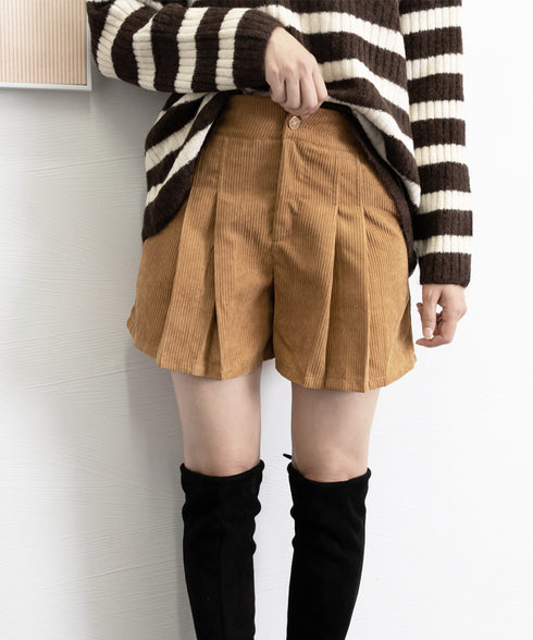 コーデュロイショートパンツ ハイウエスト プリーツ キュロットパンツ レディース Aライン ワイドパンツ 体型カバー タック短パン 韓国風 秋冬ボトムス 美脚脚長 90SUYU-001