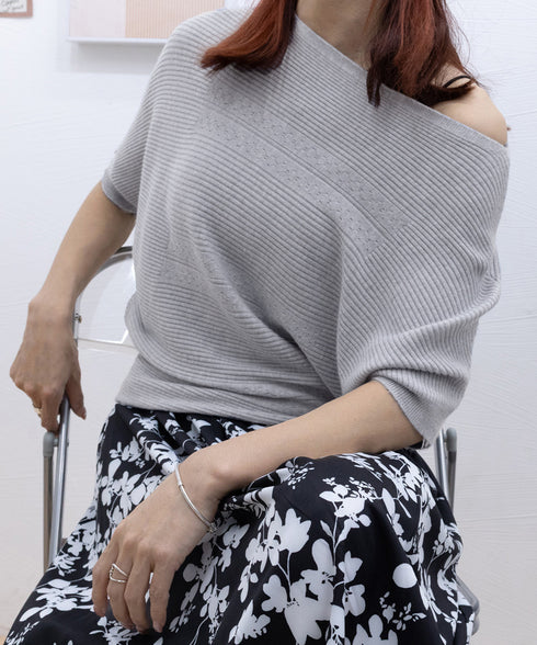 サマーニットトップス ドルマンスリーブ夏 レディース ボートネックニットきれいめカジュアル ニットプルオーバー ベーシック 半袖ニット 着やせ 無地ニットソー春夏 90SXIH-003