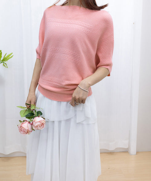 サマーニットトップス ドルマンスリーブ夏 レディース ボートネックニットきれいめカジュアル ニットプルオーバー ベーシック 半袖ニット 着やせ 無地ニットソー春夏 90SXIH-003