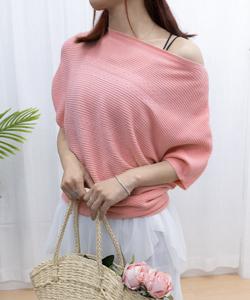 サマーニットトップス ドルマンスリーブ夏 レディース ボートネックニットきれいめカジュアル ニットプルオーバー ベーシック 半袖ニット 着やせ 無地ニットソー春夏 90SXIH-003