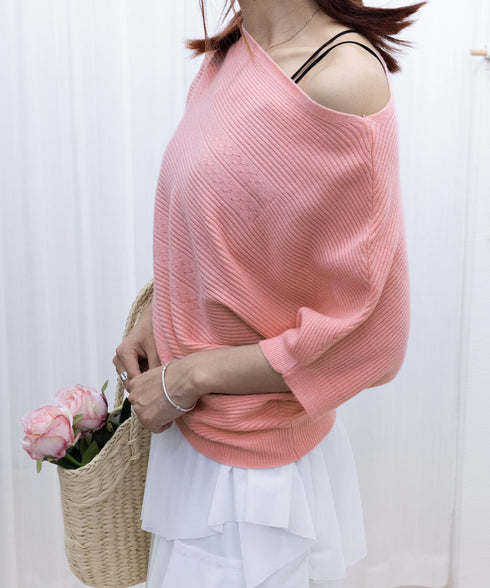 サマーニットトップス ドルマンスリーブ夏 レディース ボートネックニットきれいめカジュアル ニットプルオーバー ベーシック 半袖ニット 着やせ 無地ニットソー春夏 90SXIH-003