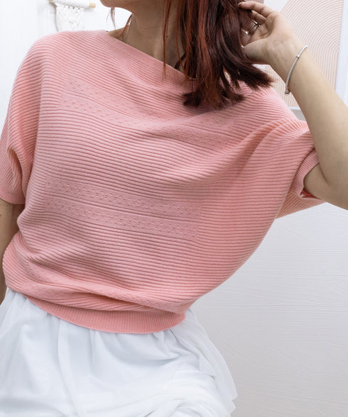 サマーニットトップス ドルマンスリーブ夏 レディース ボートネックニットきれいめカジュアル ニットプルオーバー ベーシック 半袖ニット 着やせ 無地ニットソー春夏 90SXIH-003