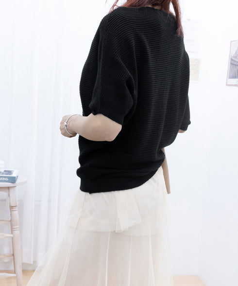 サマーニットトップス ドルマンスリーブ夏 レディース ボートネックニットきれいめカジュアル ニットプルオーバー ベーシック 半袖ニット 着やせ 無地ニットソー春夏 90SXIH-003