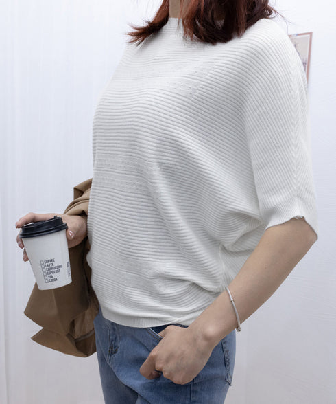 サマーニットトップス ドルマンスリーブ夏 レディース ボートネックニットきれいめカジュアル ニットプルオーバー ベーシック 半袖ニット 着やせ 無地ニットソー春夏 90SXIH-003