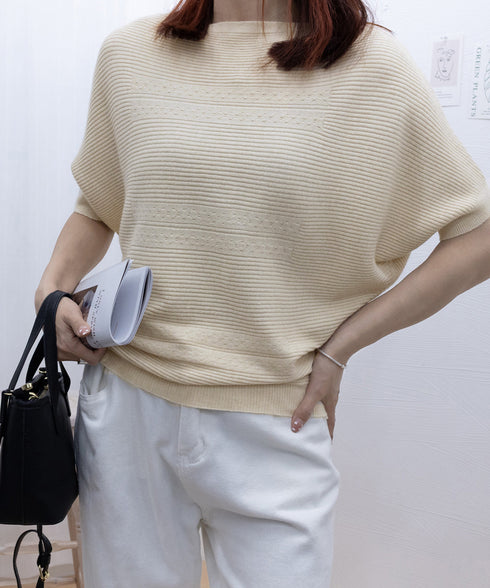 サマーニットトップス ドルマンスリーブ夏 レディース ボートネックニットきれいめカジュアル ニットプルオーバー ベーシック 半袖ニット 着やせ 無地ニットソー春夏 90SXIH-003