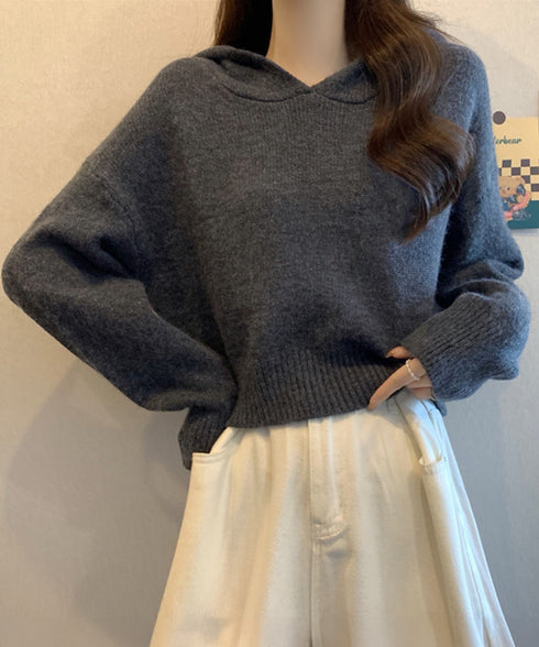 ニットパーカーフード付き ニットセーター レディース 大人可愛い ショート丈フーディー シンプル ニットプルオーバー おしゃれ 無地セーター 秋冬 ニットトップス 90SXIH-004