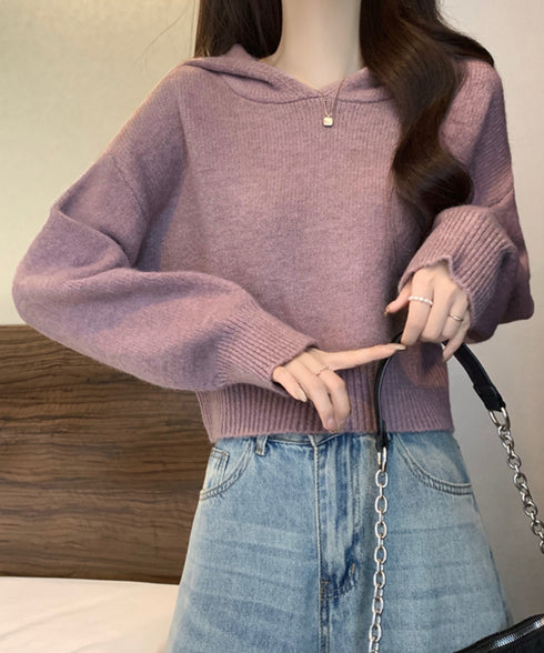 ニットパーカーフード付き ニットセーター レディース 大人可愛い ショート丈フーディー シンプル ニットプルオーバー おしゃれ 無地セーター 秋冬 ニットトップス 90SXIH-004