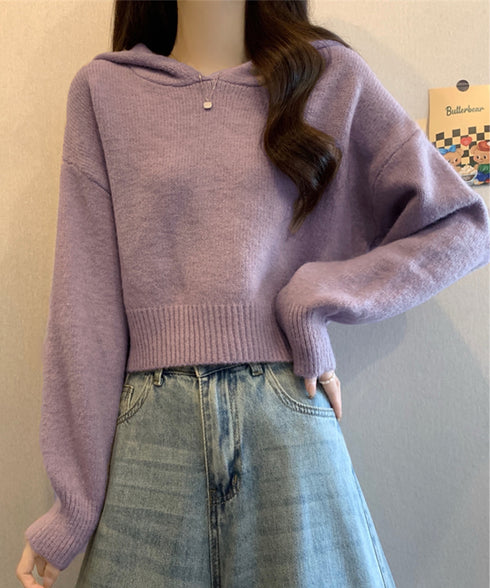 ニットパーカーフード付き ニットセーター レディース 大人可愛い ショート丈フーディー シンプル ニットプルオーバー おしゃれ 無地セーター 秋冬 ニットトップス 90SXIH-004