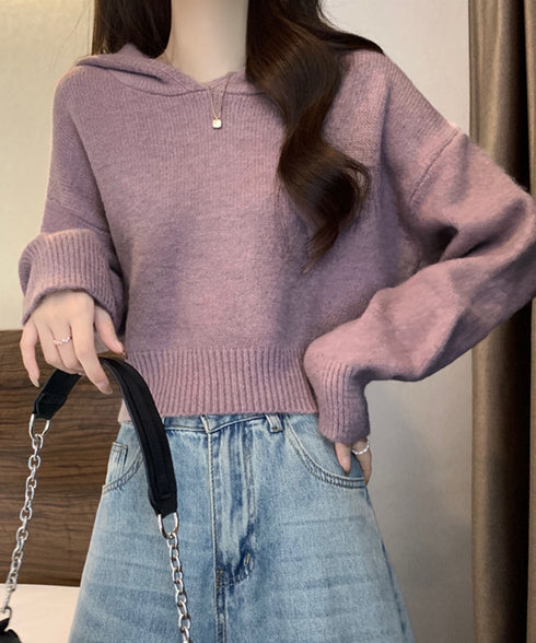 ニットパーカーフード付き ニットセーター レディース 大人可愛い ショート丈フーディー シンプル ニットプルオーバー おしゃれ 無地セーター 秋冬 ニットトップス 90SXIH-004