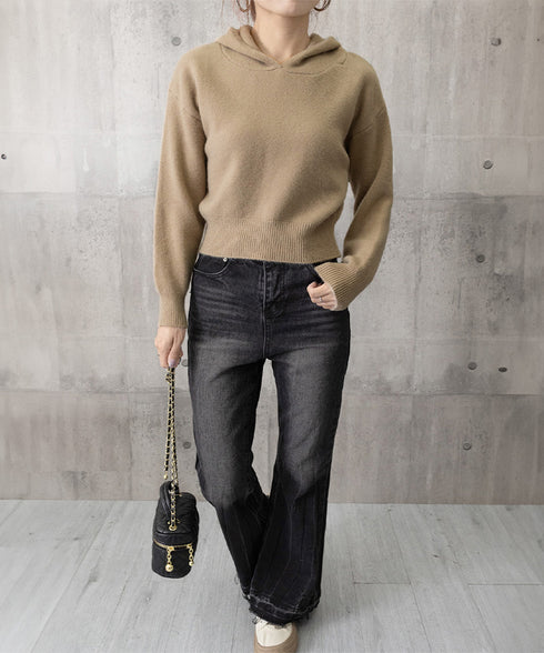 ニットパーカーフード付き ニットセーター レディース 大人可愛い ショート丈フーディー シンプル ニットプルオーバー おしゃれ 無地セーター 秋冬 ニットトップス 90SXIH-004