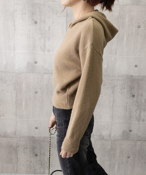 ニットパーカーフード付き ニットセーター レディース 大人可愛い ショート丈フーディー シンプル ニットプルオーバー おしゃれ 無地セーター 秋冬 ニットトップス 90SXIH-004