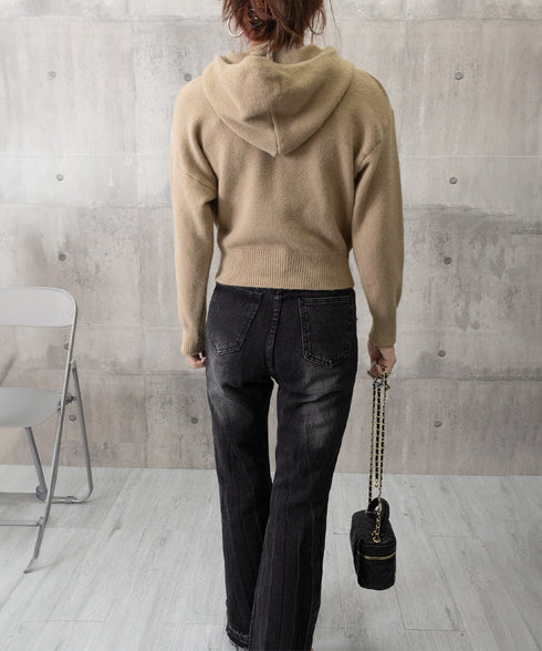 ニットパーカーフード付き ニットセーター レディース 大人可愛い ショート丈フーディー シンプル ニットプルオーバー おしゃれ 無地セーター 秋冬 ニットトップス 90SXIH-004