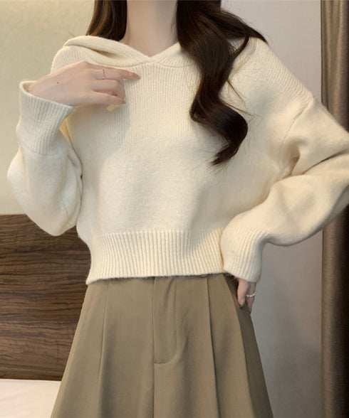 ニットパーカーフード付き ニットセーター レディース 大人可愛い ショート丈フーディー シンプル ニットプルオーバー おしゃれ 無地セーター 秋冬 ニットトップス 90SXIH-004