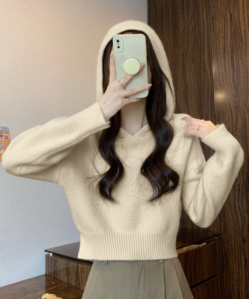 ニットパーカーフード付き ニットセーター レディース 大人可愛い ショート丈フーディー シンプル ニットプルオーバー おしゃれ 無地セーター 秋冬 ニットトップス 90SXIH-004