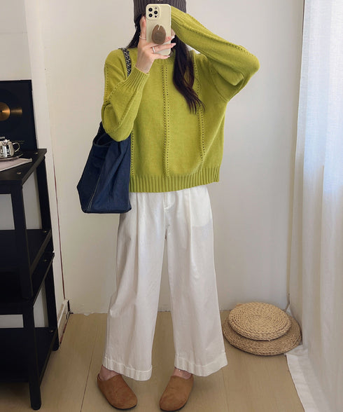 ニットトップス 秋冬クルーネックセーター レディース 透かし編みニットプルオーバー 丸首 大人カジュアルニットウェア 韓国風着やせニット 20代30代おしゃれ秋服 90SXIH-005