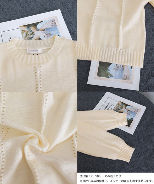 ニットトップス 秋冬クルーネックセーター レディース 透かし編みニットプルオーバー 丸首 大人カジュアルニットウェア 韓国風着やせニット 20代30代おしゃれ秋服 90SXIH-005