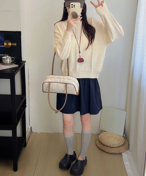 ニットトップス 秋冬クルーネックセーター レディース 透かし編みニットプルオーバー 丸首 大人カジュアルニットウェア 韓国風着やせニット 20代30代おしゃれ秋服 90SXIH-005