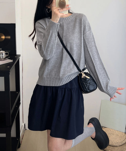 ニットトップス 秋冬クルーネックセーター レディース 透かし編みニットプルオーバー 丸首 大人カジュアルニットウェア 韓国風着やせニット 20代30代おしゃれ秋服 90SXIH-005