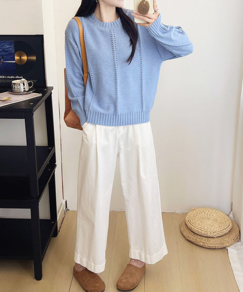 ニットトップス 秋冬クルーネックセーター レディース 透かし編みニットプルオーバー 丸首 大人カジュアルニットウェア 韓国風着やせニット 20代30代おしゃれ秋服 90SXIH-005