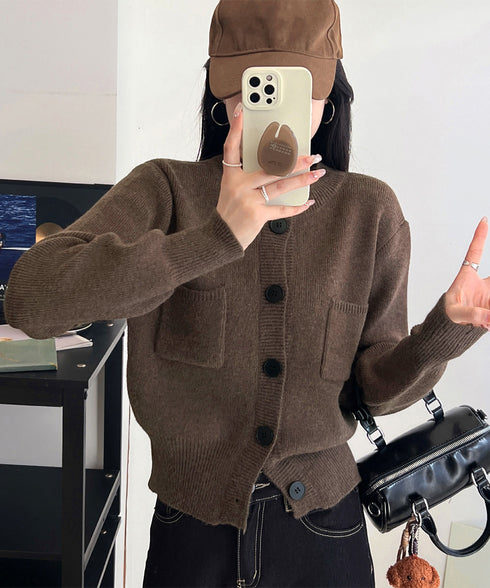 ショート丈ニットカーディガンポケット付き レディース 大きめボタンニットセーター 秋冬 無地羽織り着回し トレンド きれいめカジュアル 大人ニットアウター 韓国風 90SXIH-006