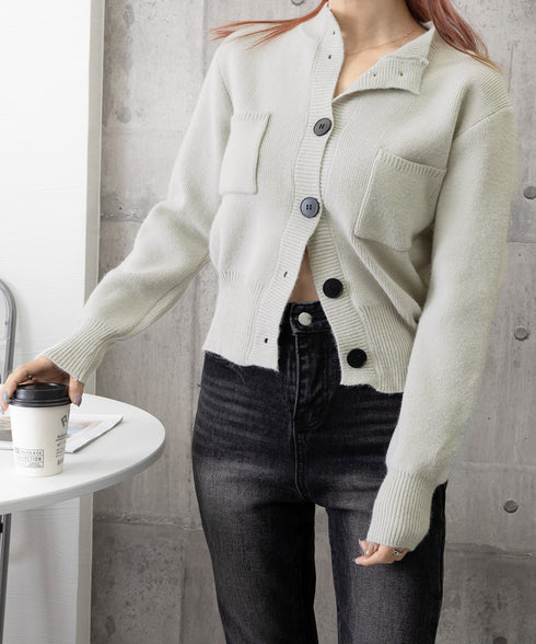 ショート丈ニットカーディガンポケット付き レディース 大きめボタンニットセーター 秋冬 無地羽織り着回し トレンド きれいめカジュアル 大人ニットアウター 韓国風 90SXIH-006