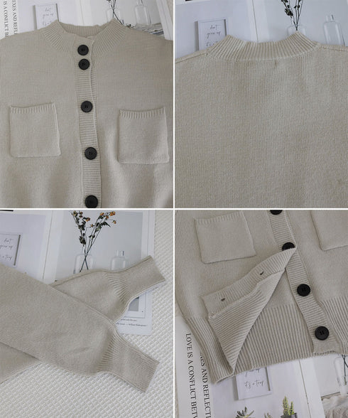 ショート丈ニットカーディガンポケット付き レディース 大きめボタンニットセーター 秋冬 無地羽織り着回し トレンド きれいめカジュアル 大人ニットアウター 韓国風 90SXIH-006