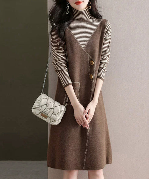 レイヤード風ニットワンピース レディース ハイネック ドッキングワンピ ボーダー柄切り替え 膝丈ワンピース 配色ステッチ 秋冬長袖インナーワンピ 大人可愛い着回し 90SXIH-008