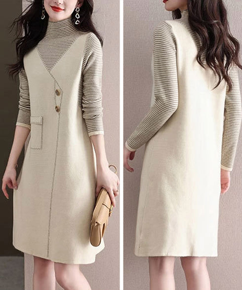 レイヤード風ニットワンピース レディース ハイネック ドッキングワンピ ボーダー柄切り替え 膝丈ワンピース 配色ステッチ 秋冬長袖インナーワンピ 大人可愛い着回し 90SXIH-008