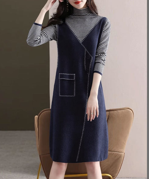 レイヤード風ニットワンピース レディース ハイネック ドッキングワンピ ボーダー柄切り替え 膝丈ワンピース 配色ステッチ 秋冬長袖インナーワンピ 大人可愛い着回し 90SXIH-008