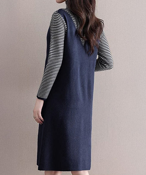 レイヤード風ニットワンピース レディース ハイネック ドッキングワンピ ボーダー柄切り替え 膝丈ワンピース 配色ステッチ 秋冬長袖インナーワンピ 大人可愛い着回し 90SXIH-008