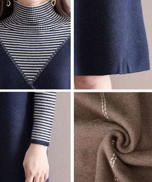 レイヤード風ニットワンピース レディース ハイネック ドッキングワンピ ボーダー柄切り替え 膝丈ワンピース 配色ステッチ 秋冬長袖インナーワンピ 大人可愛い着回し 90SXIH-008