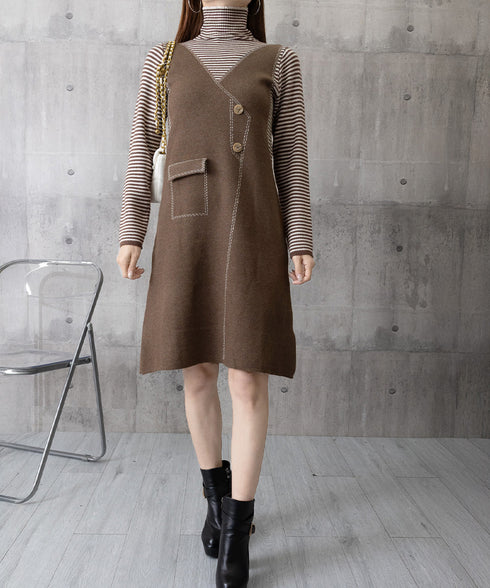 レイヤード風ニットワンピース レディース ハイネック ドッキングワンピ ボーダー柄切り替え 膝丈ワンピース 配色ステッチ 秋冬長袖インナーワンピ 大人可愛い着回し 90SXIH-008