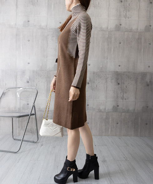 レイヤード風ニットワンピース レディース ハイネック ドッキングワンピ ボーダー柄切り替え 膝丈ワンピース 配色ステッチ 秋冬長袖インナーワンピ 大人可愛い着回し 90SXIH-008