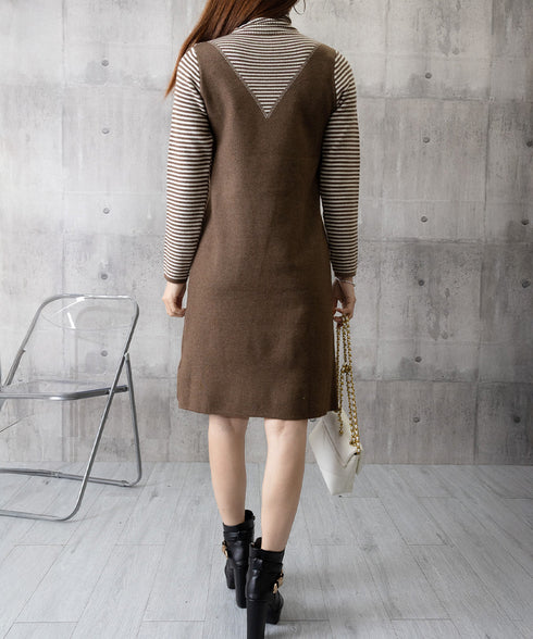 レイヤード風ニットワンピース レディース ハイネック ドッキングワンピ ボーダー柄切り替え 膝丈ワンピース 配色ステッチ 秋冬長袖インナーワンピ 大人可愛い着回し 90SXIH-008