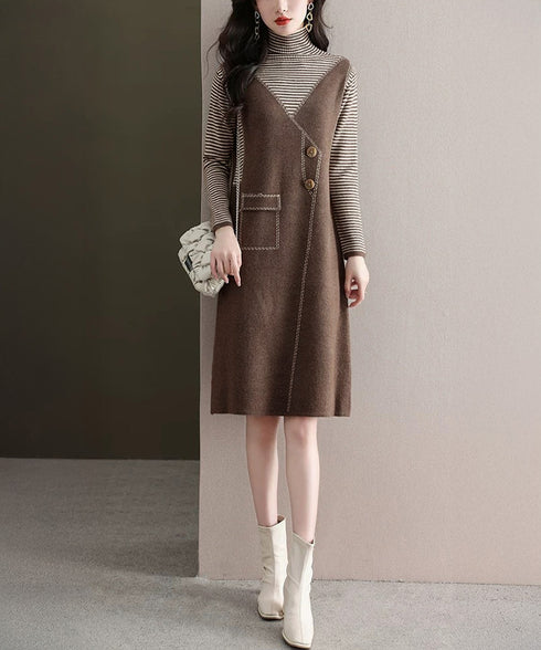 レイヤード風ニットワンピース レディース ハイネック ドッキングワンピ ボーダー柄切り替え 膝丈ワンピース 配色ステッチ 秋冬長袖インナーワンピ 大人可愛い着回し 90SXIH-008