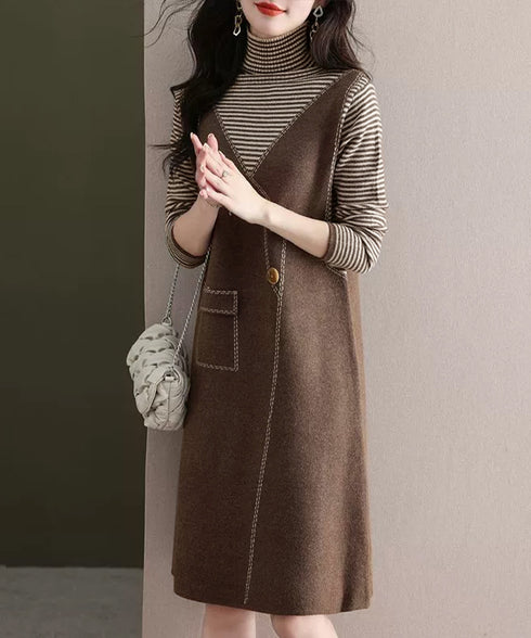 レイヤード風ニットワンピース レディース ハイネック ドッキングワンピ ボーダー柄切り替え 膝丈ワンピース 配色ステッチ 秋冬長袖インナーワンピ 大人可愛い着回し 90SXIH-008