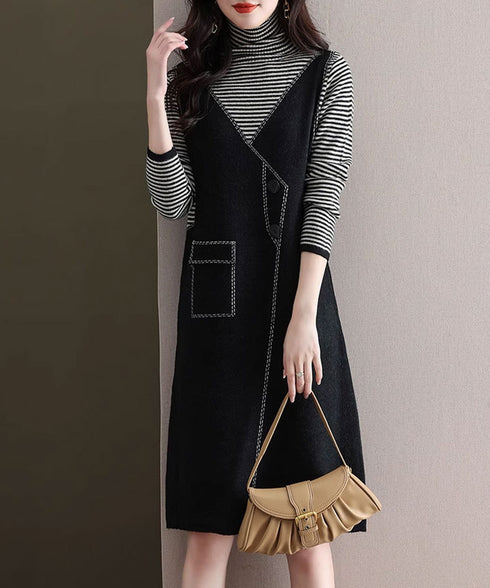 レイヤード風ニットワンピース レディース ハイネック ドッキングワンピ ボーダー柄切り替え 膝丈ワンピース 配色ステッチ 秋冬長袖インナーワンピ 大人可愛い着回し 90SXIH-008