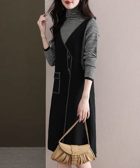 レイヤード風ニットワンピース レディース ハイネック ドッキングワンピ ボーダー柄切り替え 膝丈ワンピース 配色ステッチ 秋冬長袖インナーワンピ 大人可愛い着回し 90SXIH-008