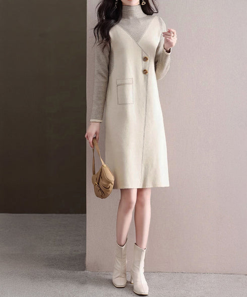 レイヤード風ニットワンピース レディース ハイネック ドッキングワンピ ボーダー柄切り替え 膝丈ワンピース 配色ステッチ 秋冬長袖インナーワンピ 大人可愛い着回し 90SXIH-008