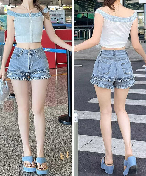 フリルショートパンツデニム ハイウエスト レディース 裾フリルデニムショーパン 美脚脚長 ミニ丈ティアードパンツ春夏 ダブルフリルボトムスデニム短パン10代20代 90TBDZ-001
