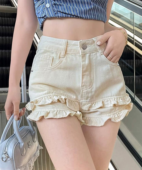 フリルショートパンツデニム ハイウエスト レディース 裾フリルデニムショーパン 美脚脚長 ミニ丈ティアードパンツ春夏 ダブルフリルボトムスデニム短パン10代20代 90TBDZ-001