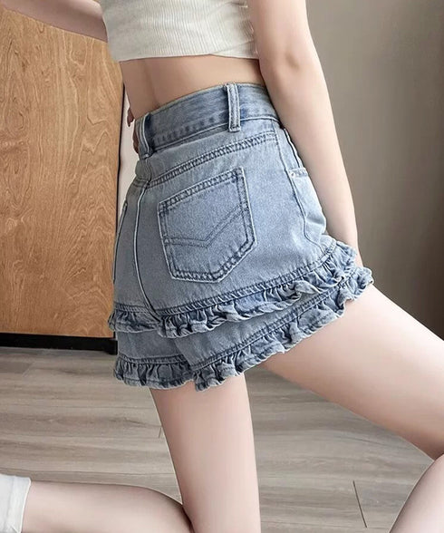 フリルショートパンツデニム ハイウエスト レディース 裾フリルデニムショーパン 美脚脚長 ミニ丈ティアードパンツ春夏 ダブルフリルボトムスデニム短パン10代20代 90TBDZ-001