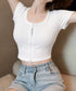 ジッパートップス韓国風ショート丈tシャツ クロップド丈トップスレディース ダブルジップtシャツジップアップ半袖 タイトTシャツ着やせ細見え 細身tシャツ大人可愛い 90WUSJ-001